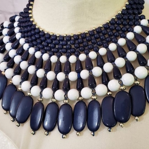 NWT Beaded Statement Bib Necklace - Navy/White - Picture 2 of 2